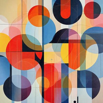 The primary subject of the image is a painting featuring a variety of circles and other shapes. The setting is a wall, and the visual style appears to be a combination of digital art and illustration. The dominant colors in the painting are red, blue, and yellow, creating a vibrant and lively atmosphere.